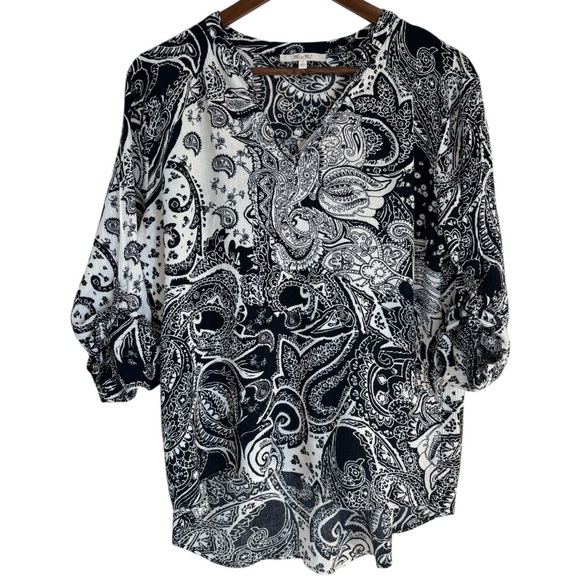 Miss Me Paisley Popover Blouse Navy/White Woman’s Size Large - Picture 1 of 8